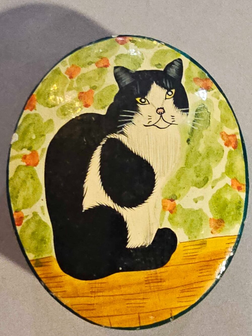 Vintage Hand Painted Papier Mache Cat Trinket Box Tuxedo Cat Folk Art Lacquer